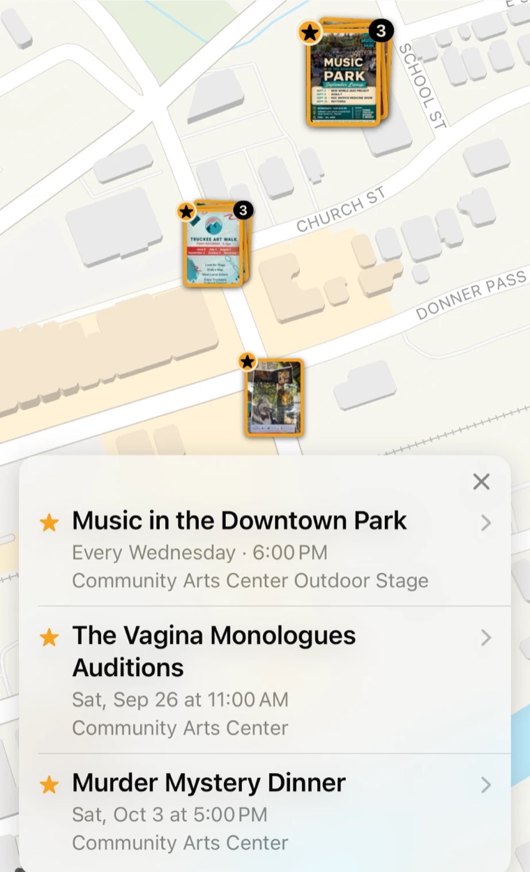 A map of downtown Truckee with photographed posters pinned where they hang, and an open list of three events at the Community Arts Center